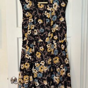 Ralph Lauren Summer Midi Dress Yellow & Blue Floral Print with Belt and Ruffle